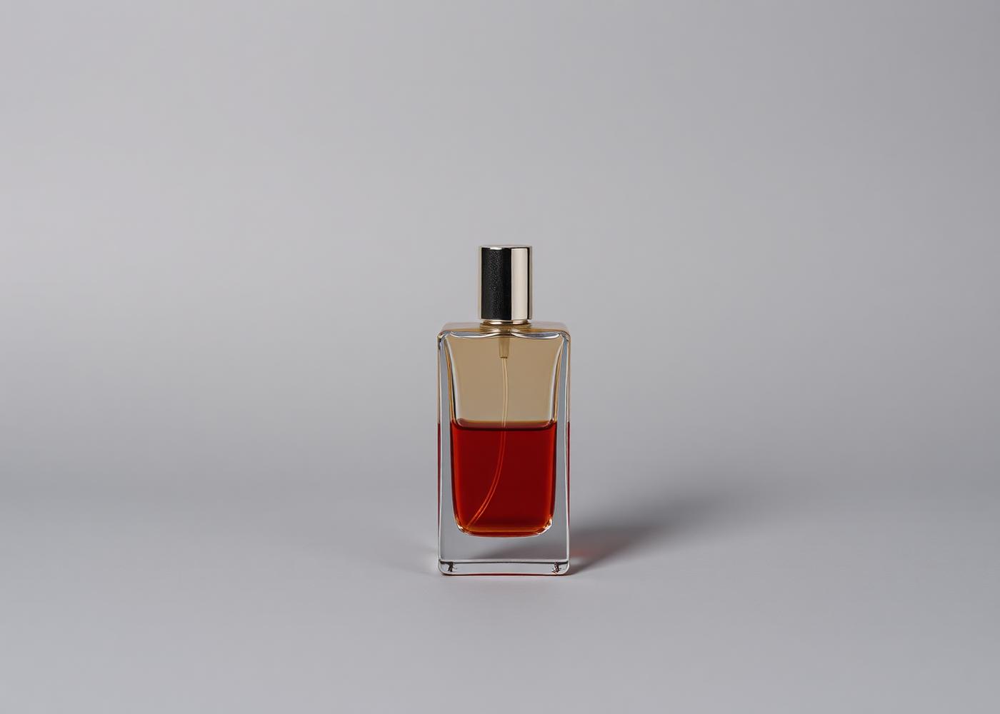 Flat unedited product photograph of a perfume bottle on a gray backdrop