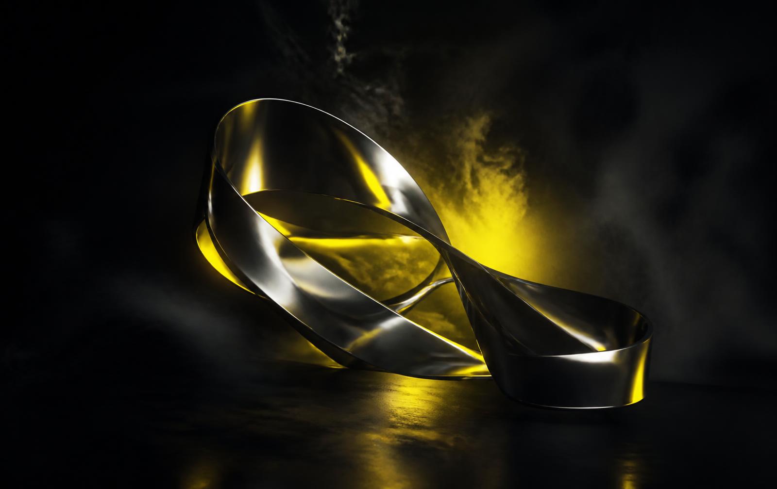 Abstract chrome sculpture lit by electric yellow light in a dark cinematic space