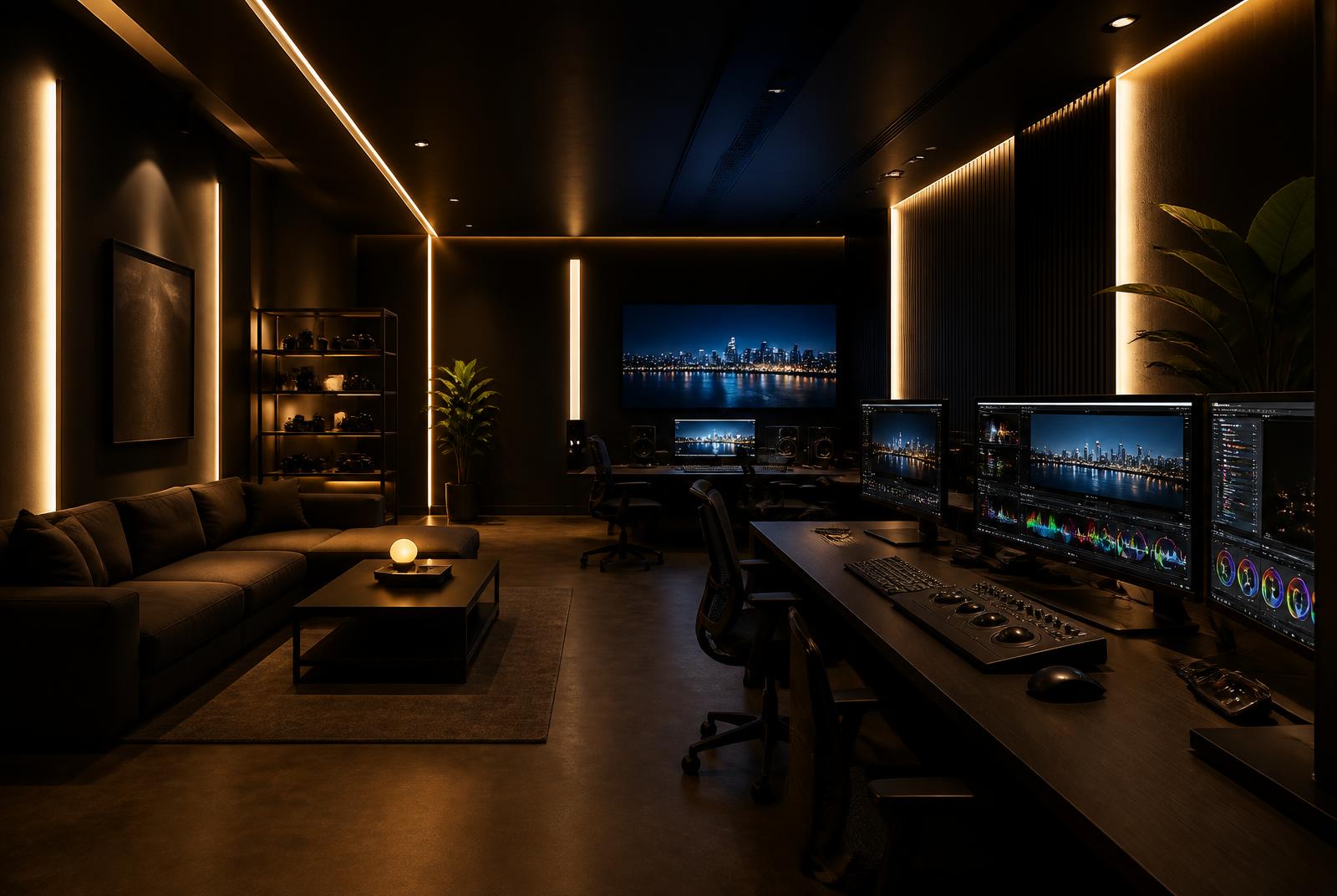 Dark creative studio lit by a single yellow light strip